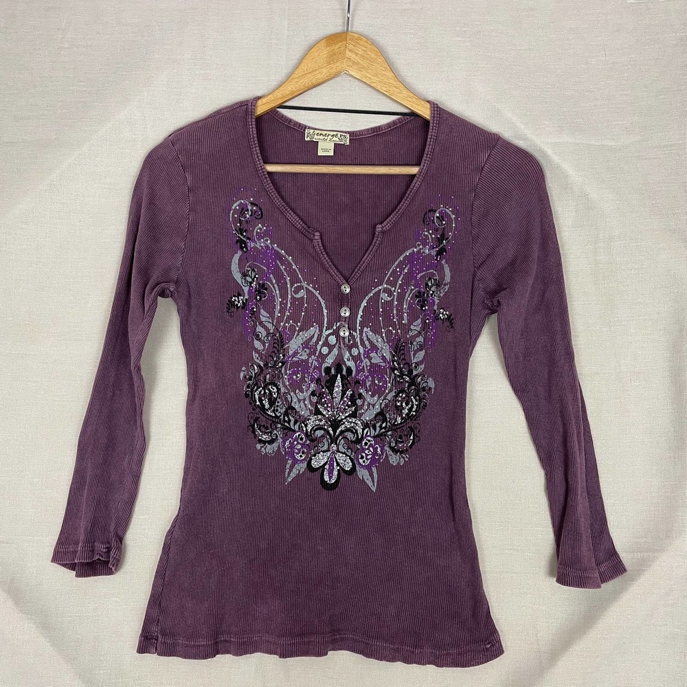 Y2K Energe Womens Top Small Petite Purple Rhinestone Ribbed Henley Cyber Grunge